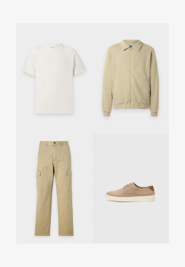 Beige fleecejakke med glidelås foran, ståkrage, to sidelommer, ribbekanter på ermer og nederst. Teksturen virker myk og koselig.; Hvit T-skjorte med kort erm i ribbestrikket tekstur. Rund hals, avslappet passform, ingen synlige mønstre eller detaljer. Enkelt og allsidig design.; Beige cargo bukser laget av bomull, med to sidelommer, knappelukking, og rette ben med et lett strukturert stoff.; Beige semskinnsko med rund tå, snøring foran og en teksturert bakre aksent. Hvit gummisåle gir kontrast. Enkelt og moderne design.