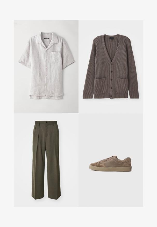 Cardigan a coste grigio scuro con scollatura a V, maniche lunghe e due tasche frontali. Chiuso con cinque bottoni scuri. Finitura morbida.; Camicia in lino grigio chiaro a maniche corte con colletto a punta, tasca frontale e quattro bottoni lungo il centro. Tessuto liscio, vestibilità rilassata.; Filippa K WIDE TROUSERS - Pantaloni - driftwood; Sneaker bassa in suede marrone con suola in gomma piatta, chiusura con lacci e dettagli di cucitura, mostrata di lato su uno sfondo semplice.