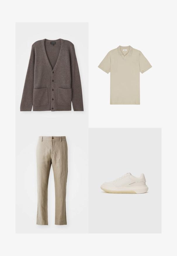 Dunkelgrauer, gerippter Cardigan mit V-Ausschnitt, langen Ärmeln und zwei Vordertaschen. Mit fünf dunklen Knöpfen verschlossen. Weiche Textur.; Beige Baumwoll-Polohemd mit umgeschlagenem Kragen, kurzen Ärmeln und einer subtilen Textur. Es verfügt über eine zentrale Knopfleiste mit zwei Knöpfen.; Beige Leinenhosen mit geradem Schnitt, ausgestattet mit einem Frontknopfverschluss und einer glatten Textur. Keine sichtbaren Muster oder Akzente.; Weiße Sneaker mit schmalem Lederobermaterial, runder Zehenpartie und dickem Gummisohle. Besitzt minimale Nähte und ein dezentes Logo-Detail an der Seite.