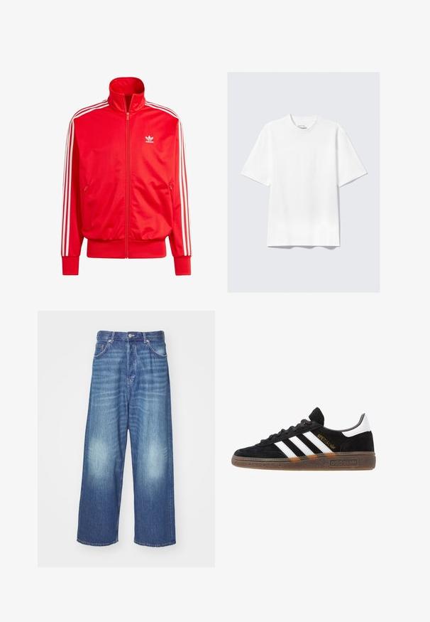 Rød Adidas zip-jakke med høj krave, hvide skulderstriber, to sidelomme og et lille hvidt logo på venstre bryst. Glat tekstur.; Simpel hvid kortærmet t-shirt med afslappet pasform, lagt fladt på en lys grå baggrund.; Bredde ben blå denim jeans med en falmet vask, fem lommer og en knaplukning. Glat tekstur med diskret falming ved knæene.; Sort Adidas sneakers med hvide striber, guld "Spezial" tekst, gummisål og hvid hælflap, vist i profil.