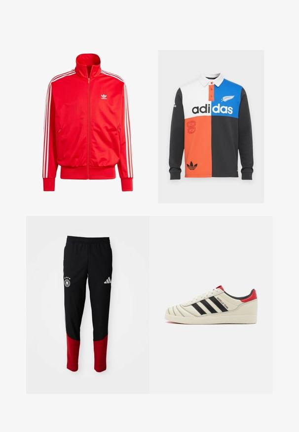 Sarkans Adidas apģērba jaka ar augstu apkakli, baltām plecu svītrām, divām sānu kabatām un mazu baltu logo kreisajā krūtīs. Gluda tekstūra.; Krāsaini blokota garām piedurknēm polo krekls melnā, baltā, oranžā un zilā krāsā, ar apkakli, pogu aizdari un izteiksmīgu Adidas zīmolu.; Melnas sporta bikses ar sarkanajiem apakšējiem kājiem, elastīga josta, Adidas logo labajā augšstilbā un Vācijas futbola komandas emblēma kreisajā augšstilbā.; Krēmkrāsas ādas kedas ar melnām svītrām, sarkanu papēža akcentu un teksturētām detaļām. Aprīkotas ar gumijas zoli un auklīšu aizdari.