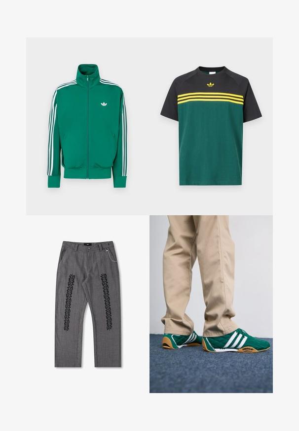Zöld cipzáras dzseki magas gallérral, fehér csíkokkal az ujjakon és kis fehér logóval a mellkasnál. Simább felületű, sportos kialakítású.; Zöld és fekete pamut rövid ujjú póló, sárga vízszintes csíkokkal és egy kis logóval a mellkason. Kerek nyakkivágás.; Szürke kockás nadrág fekete szöveges részletekkel az oldalán, lánc díszítéssel a derékrészen. Egyenes lábú kialakítás, texturált anyag.; Zöld steppelt tornacipő fehér csíkokkal és barna gumitalppal, bézs nadrággal párosítva. A design alacsony profilú és texturált anyagú.