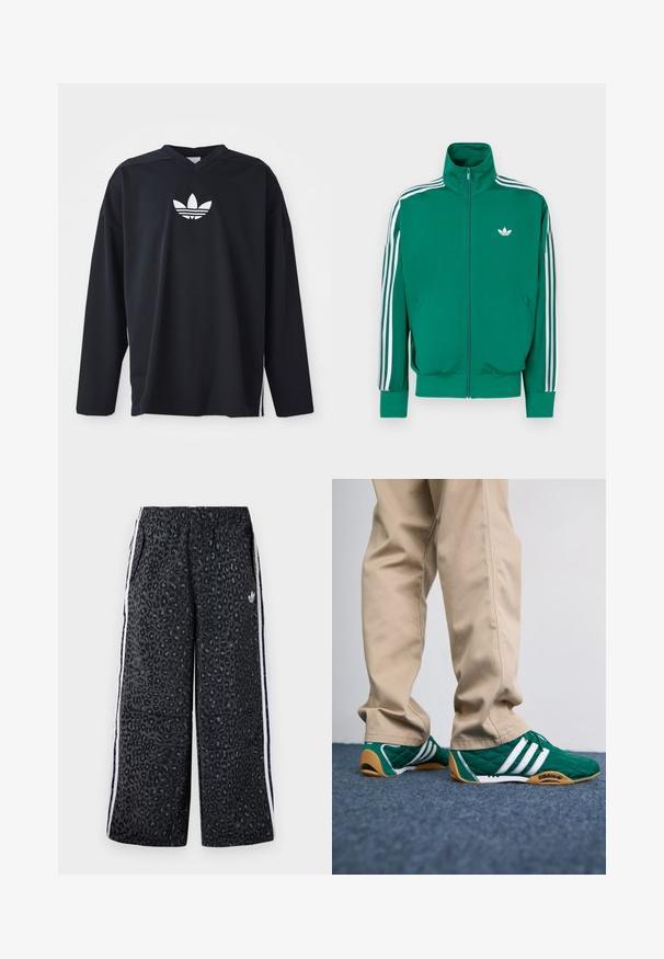 Casaco verde com fecho éclair, gola alta, faixas brancas decorativas ao longo das mangas e pequeno logótipo branco no peito. Textura lisa, design desportivo.; Jersey preto de manga longa, feito de tecido de malha, com decote em V e o logo trefoil branco da Adidas no peito. Aberturas laterais na bainha.; adidas Originals GRAPHIC UNISEX - Calças de fato de treino - black; Ténis verde acolchoados com riscas brancas e solas de borracha castanha, combinados com calças beige. O design apresenta um perfil baixo e material texturizado.