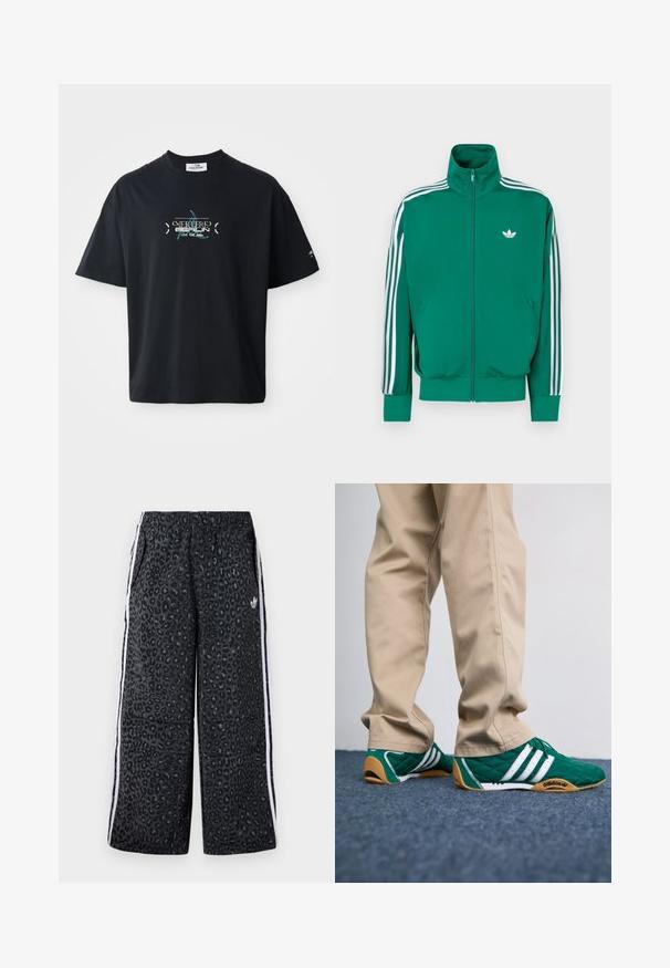Roheline lukuga jakk kõrge kraega, valgete aksenttriipudega varruka järel ja väike valge logo rinnal. Sile tekstuur, sportlik disain.; Must t-särk, musta värvi, ümmarguse kaelusega, millel on türkiissinine graafiline disain ja tekst ees. Lühikesed varrukad ja vabalt langev lõige.; adidas Originals GRAPHIC UNISEX - Dresside alumine osa - black; Roheline tikandiga spordijalats, millel on valged triibud ja pruun kummitald, koos beežide pükstega. Disainil on madal profiil ja tekstureeritud materjal.