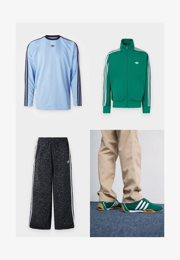 Casaco verde com fecho éclair, gola alta, faixas brancas decorativas ao longo das mangas e pequeno logótipo branco no peito. Textura lisa, design desportivo.; Camisa de manga longa azul clara com detalhes pretos e três riscas ao longo das mangas, apresentando um pequeno logotipo preto no peito. Tecido suave.; adidas Originals GRAPHIC UNISEX - Calças de fato de treino - black; Ténis verde acolchoados com riscas brancas e solas de borracha castanha, combinados com calças beige. O design apresenta um perfil baixo e material texturizado.