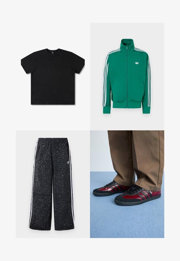 Žalia su užtrauktuku striukė su aukštu apykakle, baltos akcentinės juostos per rankoves ir maža balta logotipas ant krūtinės. Lygus paviršius, sportiškas dizainas.; Juodas trumpomis rankovėmis medvilninis marškinėliai su apvaliu kaklu, su subtiliu logotipu centre ir laisvu pritaikymo dizainu.; adidas Originals GRAPHIC UNISEX - Treningo apatinė dalis - black; Juodos ir burgundiškos sportinės bateliai, pagaminti iš odos ir velveto, su juodais raišteliais ir trimis juodomis juostelėmis šone. Guma padas.