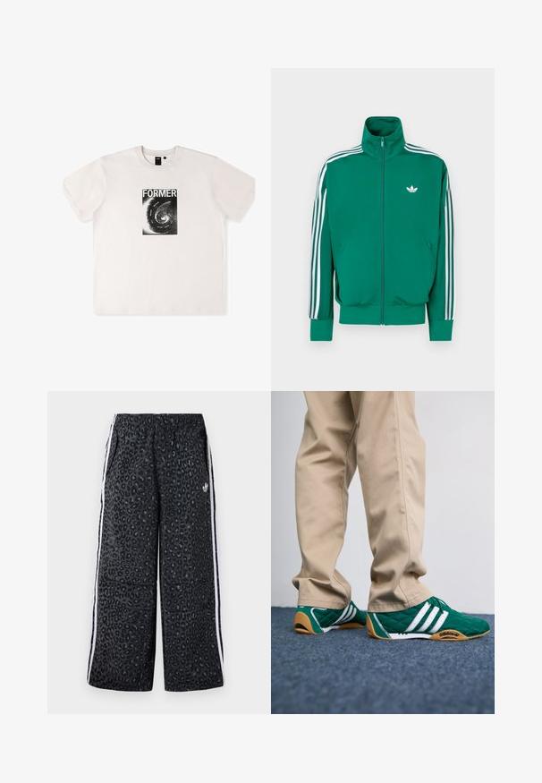 Casaco verde com fecho éclair, gola alta, faixas brancas decorativas ao longo das mangas e pequeno logótipo branco no peito. Textura lisa, design desportivo.; T-shirt de algodão branco de manga curta com uma impressão gráfica preta com a palavra "FORMER" e um design em espiral na frente.; adidas Originals GRAPHIC UNISEX - Calças de fato de treino - black; Ténis verde acolchoados com riscas brancas e solas de borracha castanha, combinados com calças beige. O design apresenta um perfil baixo e material texturizado.