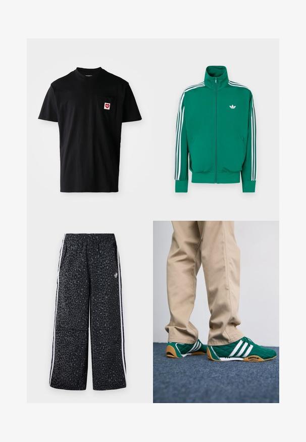 Πράσινο μπουφάν με φερμουάρ και ψηλό γιακά, λευκές λωρίδες ως διακριτικά στα μανίκια και μικρό λευκό λογότυπο στο στήθος. Ομαλή υφή, αθλητικός σχεδιασμός.; Μαύρη βαμβακερή μπλούζα με στρογγυλή λαιμόκοψη, κοντά μανίκια και τσέπη στο αριστερό στήθος με ένα κομμάτι σε σχήμα κόκκινης καρδιάς και λευκό κείμενο.; adidas Originals GRAPHIC UNISEX - Παντελόνι φόρμας - black; Πράσινα πτυχωτά sneakers με λευκές ρίγες και καφέ καουτσούκ σόλες, συνδυασμένα με μπεζ παντελόνι. Ο σχεδιασμός διαθέτει χαμηλό προφίλ και υφασμάτινο υλικό.