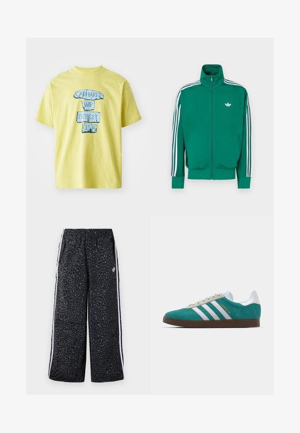 Zelená bunda na zips s vysokým golierom, bielymi prúžkami pozdĺž rukávov a malým bielym logom na hrudi. Hladká textúra, športový dizajn.; Žlté bavlnené tričko s modrou grafickou potlačou a textom "CARHARTT WIP DETROIT U.S.A." v tučnom, opotrebovanom písmene. Okrúhly výstrih, krátke rukávy.; adidas Originals GRAPHIC UNISEX - Tepláky - black; adidas Originals ADIDAS GAZELLE SHOES - Halové kopačky - liverpool fc/sea green/footwear white