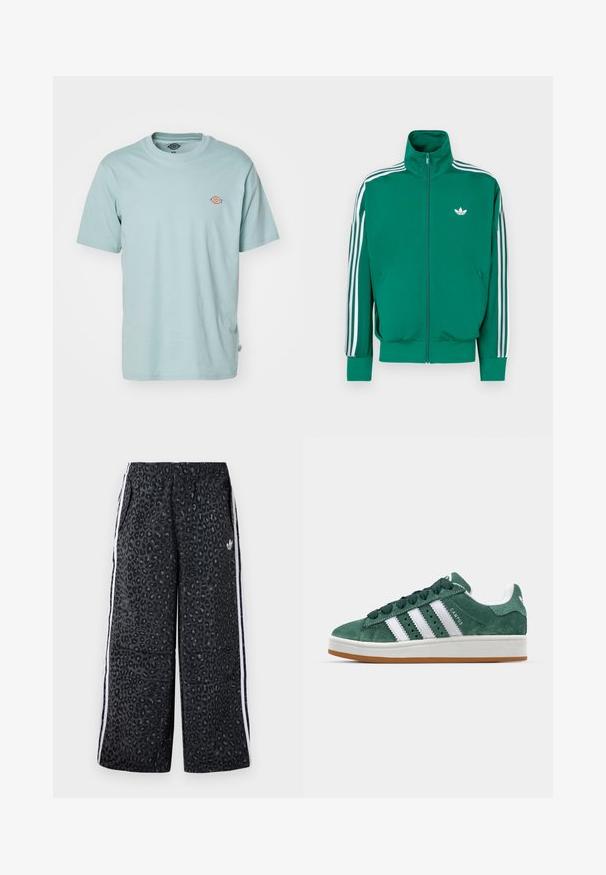 Jachetă verde cu fermoar, guler înalt, dungi albe de accent de-a lungul mânecilor și un mic logo alb pe piept. Textură netedă, design sportiv.; Dickies MAPLETON - Tricou basic - blue surf; adidas Originals GRAPHIC UNISEX - Pantaloni de trening - black; Tenis verde din suede cu dungi albe din piele, talpă din cauciuc, guler căptușit și design minimalistic. Prezintă branding pe lateral.