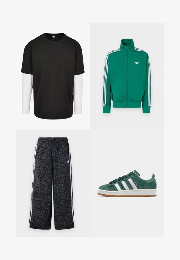 Giacca verde con zip e collo alto, strisce di accento bianche lungo le maniche e piccolo logo bianco sul petto. Tessuto liscio, design sportivo.; Maglietta nera a maniche corte con uno strato a maniche lunghe bianco sotto. Realizzata in cotone, con scollo rotondo e vestibilità rilassata.; adidas Originals GRAPHIC UNISEX - Pantaloni sportivi - black; Sneaker in suede verde con strisce in pelle bianca, suola in gomma, collarino imbottito e design minimalista. Presenta il marchio sul lato.