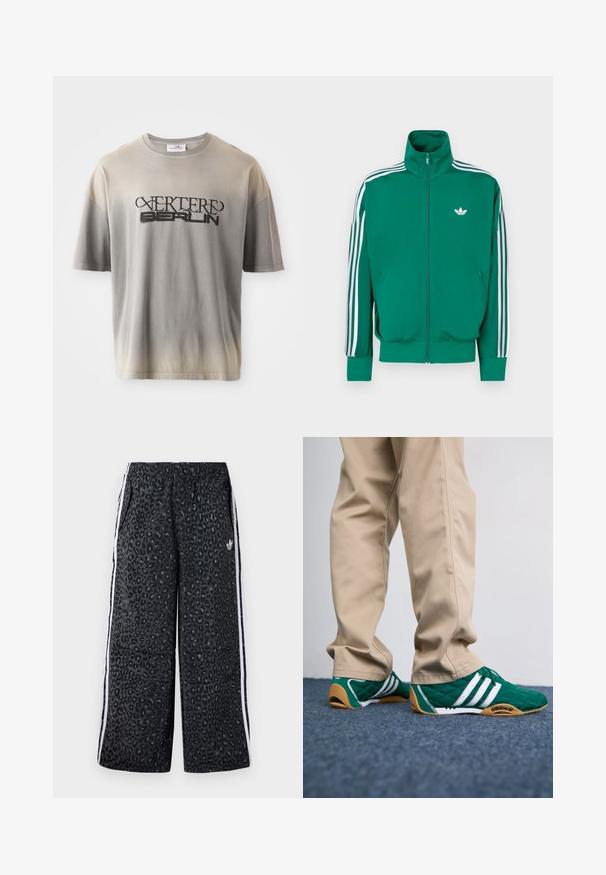 Casaco verde com fecho éclair, gola alta, faixas brancas decorativas ao longo das mangas e pequeno logótipo branco no peito. Textura lisa, design desportivo.; Camiseta de gradiente cinza com mangas curtas, apresentando uma impressão preta de "VERTERE BERLIN" em uma fonte estilizada, textura suave e corte solto.; adidas Originals GRAPHIC UNISEX - Calças de fato de treino - black; Ténis verde acolchoados com riscas brancas e solas de borracha castanha, combinados com calças beige. O design apresenta um perfil baixo e material texturizado.