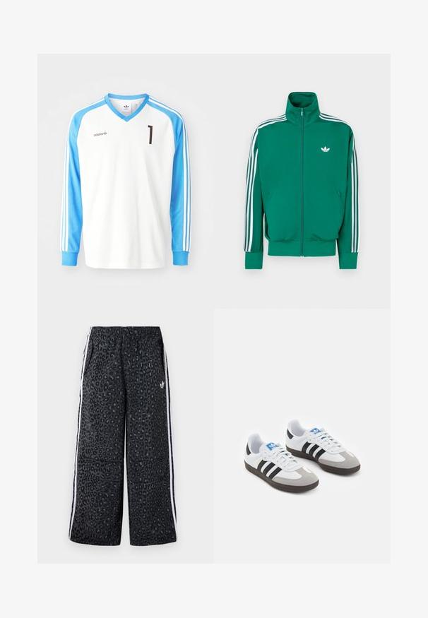 Zaļš jaka ar rāvējslēdzēju, augstu apkakli, baltām akcentu svītrām gar piedurknēm un mazu baltu logotipu uz krūtīm. Gluda tekstūra, sportisks dizains.; Balta garo piedurkņu futbola krekls ar gaiši ziliem piedurkņu galiem, ar v-veida kakla izgriezumu, melnu numuru "1" un Adidas logo uz krūšu daļas un piedurknēm.; adidas Originals GRAPHIC UNISEX - Treniņtērpa apakšdaļas - black; Sporta apavi ar balto ādas virsu, pelēku zamšādas purngalu un trim melnām svītrām. Iezīmē zilu logotipu uz mēles un teksturētu gumijas zoli.
