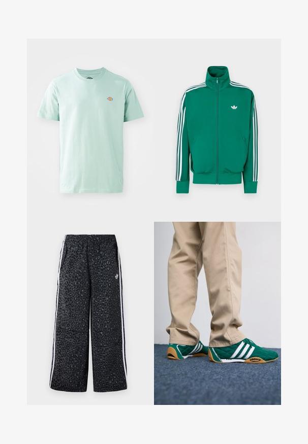 Roheline lukuga jakk kõrge kraega, valgete aksenttriipudega varruka järel ja väike valge logo rinnal. Sile tekstuur, sportlik disain.; Hele roheline puuvillane T-särk ümmarguse kaeluse ja lühikeste varrukatega. Rinnal on väike, värviline logo.; adidas Originals GRAPHIC UNISEX - Dresside alumine osa - black; Roheline tikandiga spordijalats, millel on valged triibud ja pruun kummitald, koos beežide pükstega. Disainil on madal profiil ja tekstureeritud materjal.