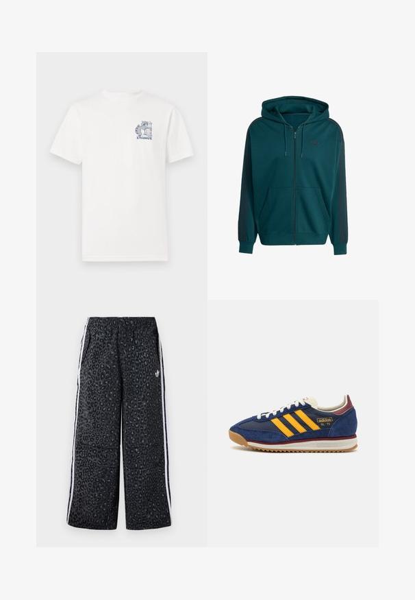 Turkizna zip-up hoodie iz mehkega materiala, z kenguru žepom, kapuco z vrvico in temno rdečimi stranskimi trakovi ter logotipom na prsih.; Kratke rokave bele majice iz bombaža, ki prikazuje modro grafiko na prsih s rakunom ob smetnjaku in besedilom "STANCE."; adidas Originals GRAPHIC UNISEX - Spodnji deli trenirk - black; Mornarsko modre suede teniske z rumenimi črtami, belimi vezalkami in burgundskimi poudarki. Teksturna podplat z utori za oprijem. Logotip blagovne znamke na strani.