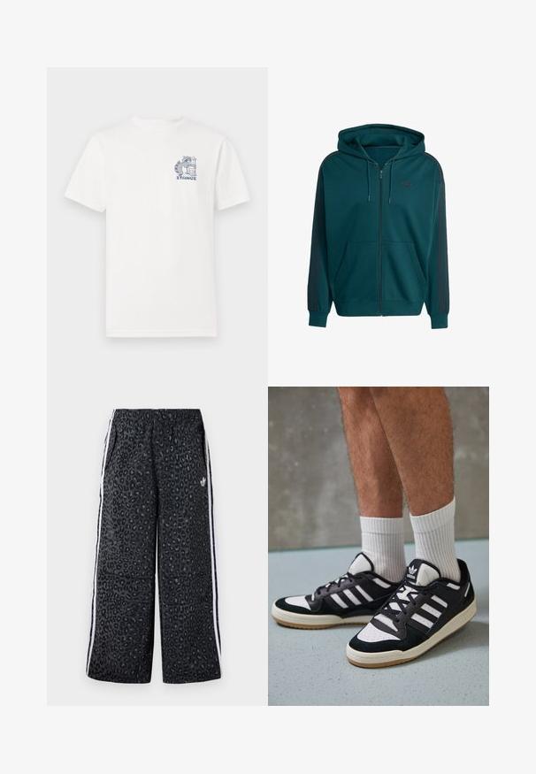 Hoodie azul-teal com fecho éclair, feito de material macio, apresentando um bolso canguru, capuz com cordão e riscas laterais vermelhas escuras com logótipo no peito.; Camiseta de manga curta branca feita de algodão, apresentando uma gráfica azul no peito de um guaxinim ao lado de um caixote do lixo e o texto "STANCE."; adidas Originals GRAPHIC UNISEX - Calças de fato de treino - black; Ténis em preto e branco com upper em camurça e couro, apresentando três riscas brancas, um toe perfurado e uma sola em borracha de goma.