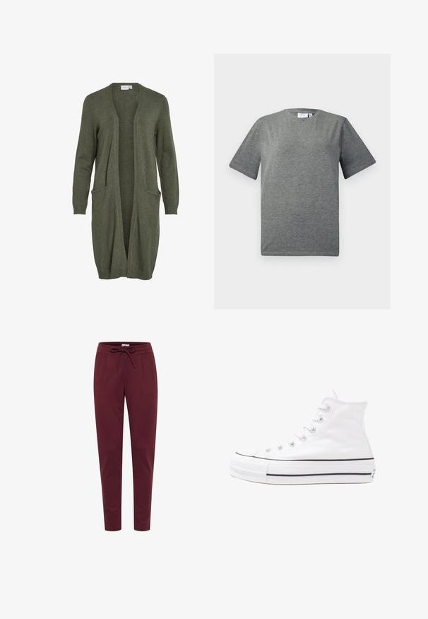 Dolga cardigan odprtega sprednjega dela v olivno zeleni barvi, izdelan iz mehkega pletenega materiala. Ima dva sprednja žepa in rebraste manšete.; Siva kratki majica iz mehkega bombažnega blaga. Okrogli izrez, sproščen kroj z gladko teksturo in minimalnim dizajnom.; Burgundske hlače iz mehkega, raztegljivega materiala, z elastičnim pasom, sprednjimi gubami in zoženimi nogami. Gladka tekstura po celotni površini.; Beli visoki platneni športni čevelj z črnim gumijastim podplatom, sprednjim gumijastim zaščitnikom za prste in šestimi luknjicami za vezalke, ki se ponaša s preprostim, minimalističnim dizajnom.