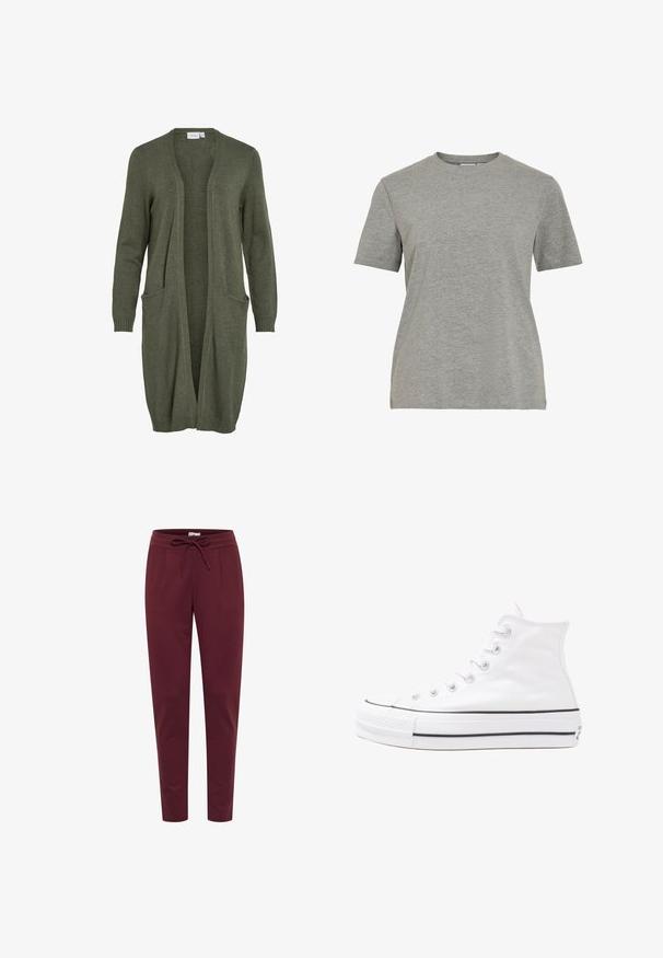 Lang, åben front cardigan i olivengrøn, lavet af blødt strikstof. Har to forlommer og ribbenede manchetter.; Grå bomulds-T-shirt med klassisk rund hals, korte ærmer og en glat tekstur, egnet til afslappet brug.; Bordeaux-bukser lavet af blød, strækbar stof, med en elastisk talje med snøre, frontplisseringer og tætsiddende ben. Glat tekstur hele vejen igennem.; Hvide høje kanvas sneakers med sort gummisål, gummitåhætte foran og seks øjehuller til snørebånd, der har et rent, minimalistisk design.