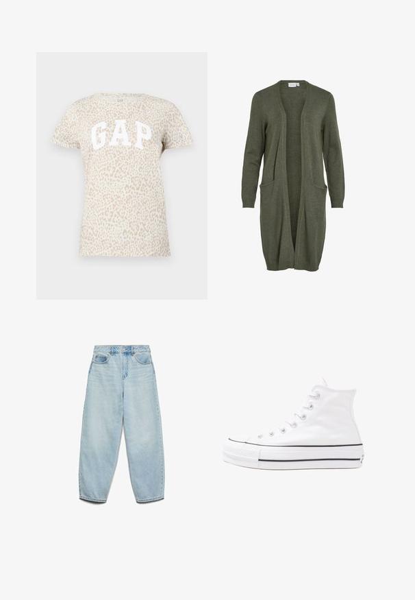 Hosszú, nyitott elülső kardigán olíva zöld színben, puha kötött anyagból készült. Két elülső zsebe és bordás mandzsettái vannak.; Vajszínű póló leopárdmintával és nagy fehér betűkkel írt "GAP" logóval az eleján. Rövid ujjak és kerek nyakú fazon.; Világoskék farmernadrág, amely laza szabású, magas derékú és széles szárú, kissé megkopott textúrával és klasszikus öt zsebes kialakítással rendelkezik.; Fehér magaskorsó vászon sportcipő fekete gumi talppal, elülső gumi orrnyereggel és hat fűzőlyukkal, letisztult, minimalista dizájnnal.