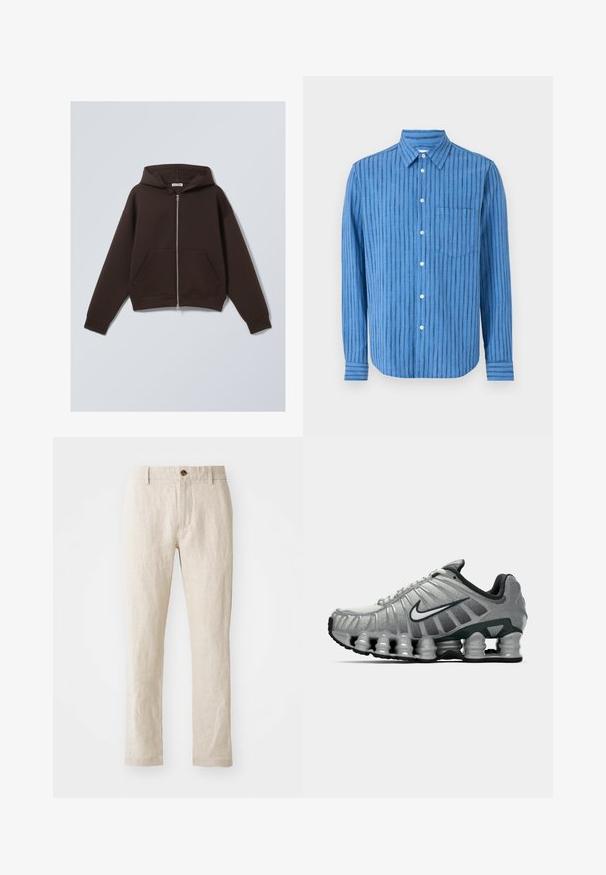 Hnědá zipová mikina vyrobená z měkké bavlněné směsi, s prostornou kapucí, předními kapsami a žebrovanými manžetami a spodním lemem.; Modrá košile s dlouhým rukávem a vodorovnými pruhy. Má knoflíkovou přední část, límec a kapsu na prsou. Vyrobena z texturované tkaniny.; Bežové lněné kalhoty s úzkým střihem, které mají jedno hnědé knoflíkové zapínání, rovné nohavice a texturovaný povrch.; Šedá a černá běžecká obuv Nike s viditelným odpružením podobným pružině pod podrážkou a bílým logem swoosh na boku.