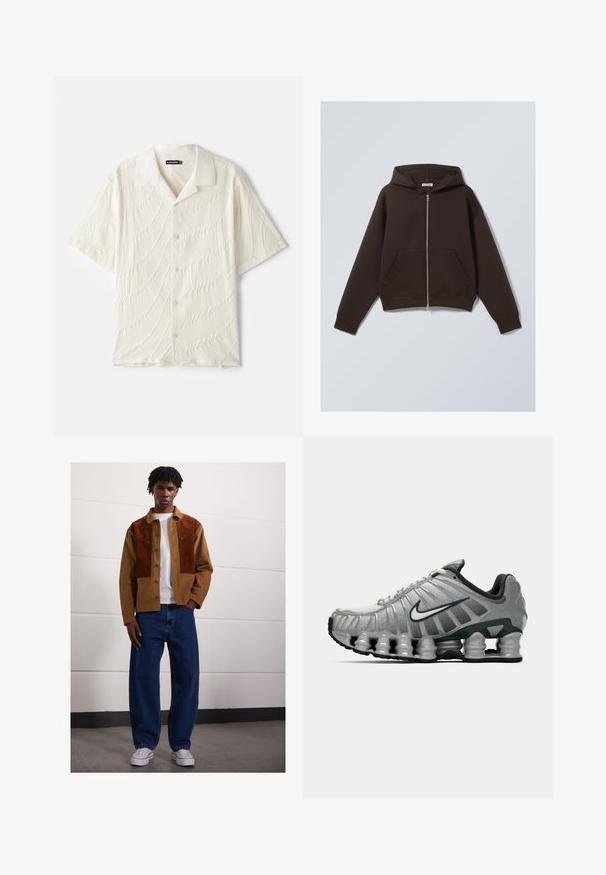 Hnedá mikina na zips z mäkkej bavlnenej zmesi, s priestrannou kapucňou, prednými vreckami a rebrom na rukávoch a spodnom leme.; Krátky rukáv, košeľa na gombíky v odtieňoch off-white, s textúrovanou tkaninou a vzormi pripomínajúcimi vlny, a klasickým golierom.; Muž stojí vo vnútorných priestoroch, oblečený v hnedých kordových sako so sivými škvrnami, biele tričko, voľné modré džínsy a biele tenisky.; Sivé a čierne bežecké topánky Nike s viditeľným odpružením podobným pružine pod podrážkou a bielym logom swoosh na boku.