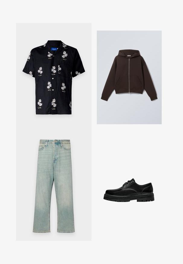 Bruine zip-up hoodie gemaakt van een zachte katoenmix, met een ruime capuchon, voorzakken en ribgebreide manchetten en zoom.; Zwart shirt met korte mouwen, voorzien van een bloemenmotief in wit en goud borduurwerk, knoopsluiting en een borstzak. Gelaagde stof.; Witte katoenen tanktop met een ronde halslijn, brede schouderbanden en een rechte zoom, met een gladde textuur en zonder zichtbare patronen.; Lichtblauwe denim jeans met een relaxte pasvorm, rechte pijpen en een vervaagde afwerking; voorzien van een klassieke knoop- en ritssluiting.; Zwarte leren veterschoenen met een ronde neus, gestructureerde afwerking en een dikke rubberen zool met diepe profiel voor grip.
