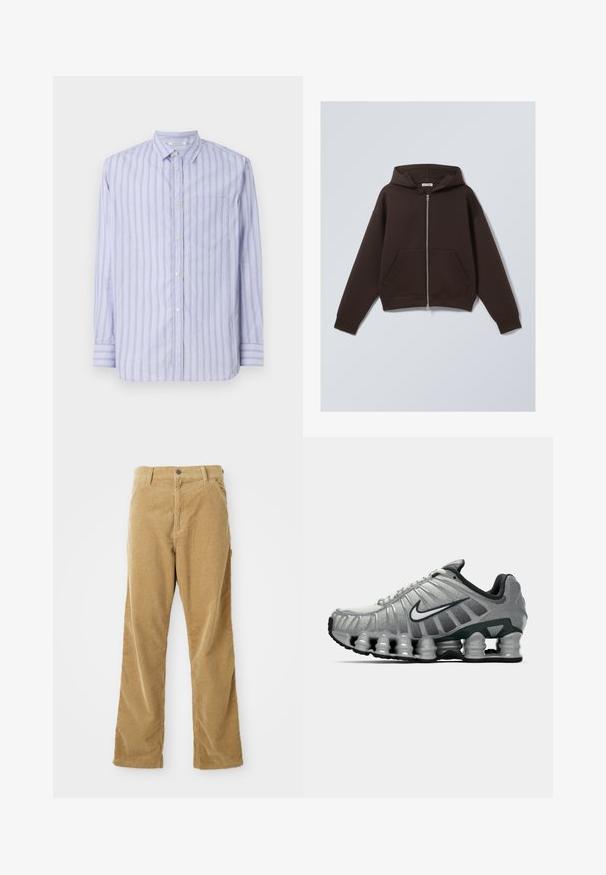 Rudas užtrauktukas džemperis, pagamintas iš minkštos medvilnės mišinio, su erdviu kapišonu, priekinėmis kišenėmis ir raukšlėmis ant rankovių bei apykaklės.; Šviesiai mėlynas, ilgesnių rankovių, mygtukais užsegamas marškiniai su baltomis ir geltonomis vertikaliomis juostelėmis, turintis krūtinės kišenę ir klasikinį apykaklės dizainą.; Laimingos pūkinės kelnės su priekinėmis kišenėmis, diržo kilpos, sagos užsegimu ir tiesiu kirpimu, išdėstytais ant balto fono.; Pilkai juodas Nike bėgimo batas su matomu pavasario tipo amortizacija po padu ir baltu swoosh logotipu šone.