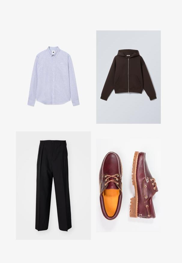 Barna zipzáras kapucnis pulóver, puha pamut keverékből készült, tágas kapucnival, elülső zsebekkel, valamint bordázott mandzsettákkal és aljjal.; Kék és fehér csíkozott, hosszú ujjú ing, gombos gallérral, mellzsebbel és logóval a bal oldalon. Pamut anyagból készült.; Fekete, pliszírozott nadrág, egyenes, széles lábakkal. Sima anyagból készült, gombos záródással és övhurkokkal rendelkezik.; Bordó bőr cipő barna gumitalppal, kerek orral, fehér varrással és arany fűzőlyukakkal. A belső tér sárga béléssel rendelkezik.