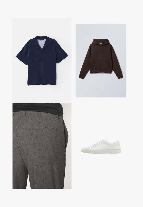 Bruine zip-up hoodie gemaakt van een zachte katoenmix, met een ruime capuchon, voorzakken en ribgebreide manchetten en zoom.; Marineblauwe korte mouw shirt van zachte stof. Voorzien van een omgeslagen kraag en een knoopsluiting aan de voorkant. Glad van textuur zonder patronen.; Witte katoenen t-shirt met korte mouwen, ronde hals, relaxte pasvorm en zonder zichtbare logo's of patronen. Gladde textuur en minimalistisch ontwerp.; Grijze op maat gemaakte broeken met een gladde textuur, voorzien van een enkele achterzak en een slim fit ontwerp. De stof heeft een subtiel patroon.; Witte leren sneaker met een ronde neus, platte zool en minimalistisch ontwerp. Heeft zes veterogen en een subtiele naaddetail aan de zijkant.