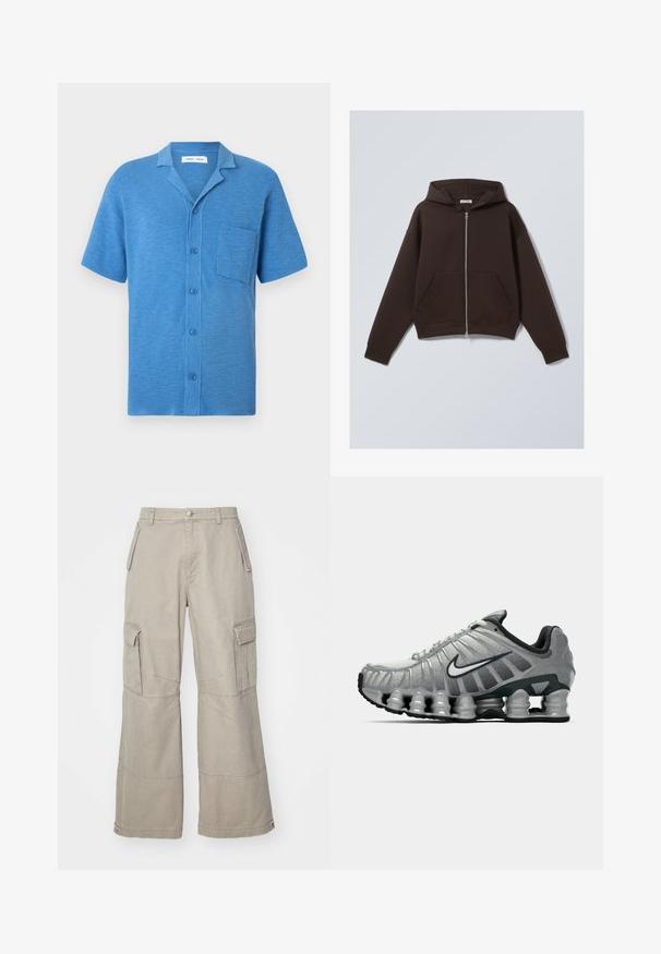 Bruine zip-up hoodie gemaakt van een zachte katoenmix, met een ruime capuchon, voorzakken en ribgebreide manchetten en zoom.; Korte mouwen overhemd met knopen in blauw, gemaakt van gestructureerde stof. Heeft een reverskraag en een borstzak.; Witte katoenen t-shirt met korte mouwen, ronde hals, relaxte pasvorm en zonder zichtbare logo's of patronen. Gladde textuur en minimalistisch ontwerp.; Khaki cargobroek van katoenmix, met wijde pijpen, meerdere zijzakken en subtiele stikseldetails.; Grijze en zwarte Nike hardloopschoen met zichtbare veerachtige demping onder de zool en een wit swoosh-logo aan de zijkant.