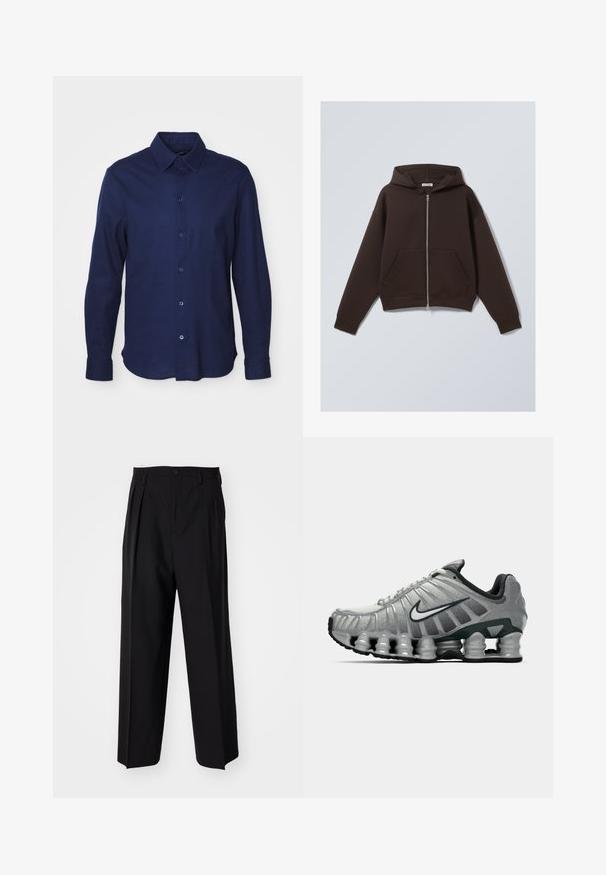 Fleece com capuz castanho de fecho éclair, feito de um suave tecido de algodão misto, com um capuz espaçoso, bolsos frontais e punhos e bainha canelados.; Camisa de mangas compridas na cor azul-marinho escuro, feita de tecido suave. Apresenta um colarinho clássico, fecho frontal com botões e bainha arredondada.; Calças pretas plissadas com um design reto e de perna larga. Feitas de um tecido liso, apresentam um fecho de botão e passantes para cinto.; Sapatilha de corrida Nike cinza e preta com um sistema de amortecimento semelhante a molas visível sob a sola e um logo swoosh branco na lateral.