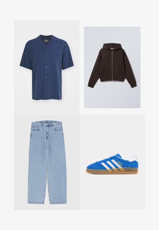 Felpa con zip marrone realizzata in morbido tessuto misto cotone, con un ampio cappuccio, tasche frontali e polsini e orlo a costine.; Camicia a maniche corte di un blu navy scuro con motivo testurizzato, chiusura con bottoni e colletto alla canadese. Presenta una tasca sul petto e un tessuto liscio.; Jeans in denim azzurro chiaro con design a gamba dritta, caratterizzati da una vita media, cinque tasche e chiusura con bottone e zip.; Sneaker in suede blu con strisce bianche e testo "Gazelle". Presenta suola in gomma e accenti testurizzati sulla parte superiore. Design classico.