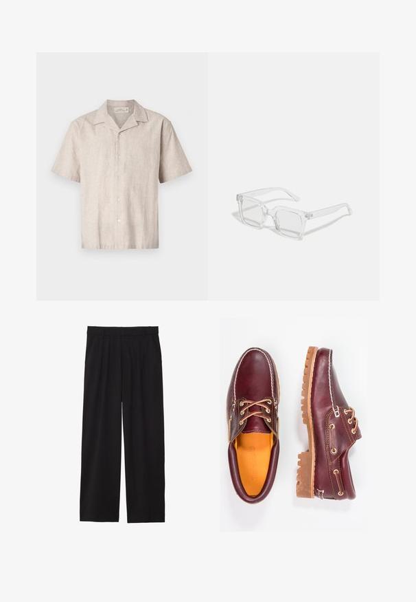 Braune Zip-Hoodie aus weichem Baumwollmischgewebe, mit geräumiger Kapuze, vorderen Taschen und gerippten Bündchen und Saum.; Ärmelloses, knöpfbares Hemd aus leichtem beigen Leinen. Mit einem ausgestellten Kragen und sechs Knöpfen auf der Vorderseite, das eine strukturierte, leicht gewebte Optik aufweist.; Weißes Baumwoll-T-Shirt mit Rundhalsausschnitt, kurzen Ärmeln und lockerer Passform. Hat ein schlichtes Design ohne Muster oder Akzente.; Schwarze, weite Hose mit gefälteltem Vorderteil, seitlichen Taschen und einer glatten Stoffstruktur. Entworfen für eine entspannte Passform.; Bordeauxfarbene Lederschuhe mit braunen Gummisohlen, runder Zehenform, weißen Nähten und goldenen Ösen. Das Innenfutter weist eine gelbe Beschichtung auf.; Klare rechteckige Sonnenbrille mit einem dicken Kunststoffrahmen, die leicht getönte Gläser und keine zusätzlichen Muster oder Akzente aufweist.