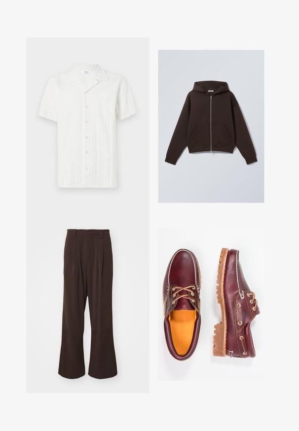 Felpa con zip marrone realizzata in morbido tessuto misto cotone, con un ampio cappuccio, tasche frontali e polsini e orlo a costine.; Camicia bianca a maniche corte con un motivo testurizzato, chiusura a bottoni sul davanti e una tasca singola sul lato sinistro. Realizzata in tessuto leggero.; Pantaloni larghi marroni con vita alta, caratterizzati da pieghe frontali e passanti per cintura, realizzati in un tessuto morbido e leggero.; Scarpe in pelle bordeaux con suole in gomma marrone, punta rotonda, cuciture bianche e occhielli dorati. L'interno presenta un rivestimento giallo.