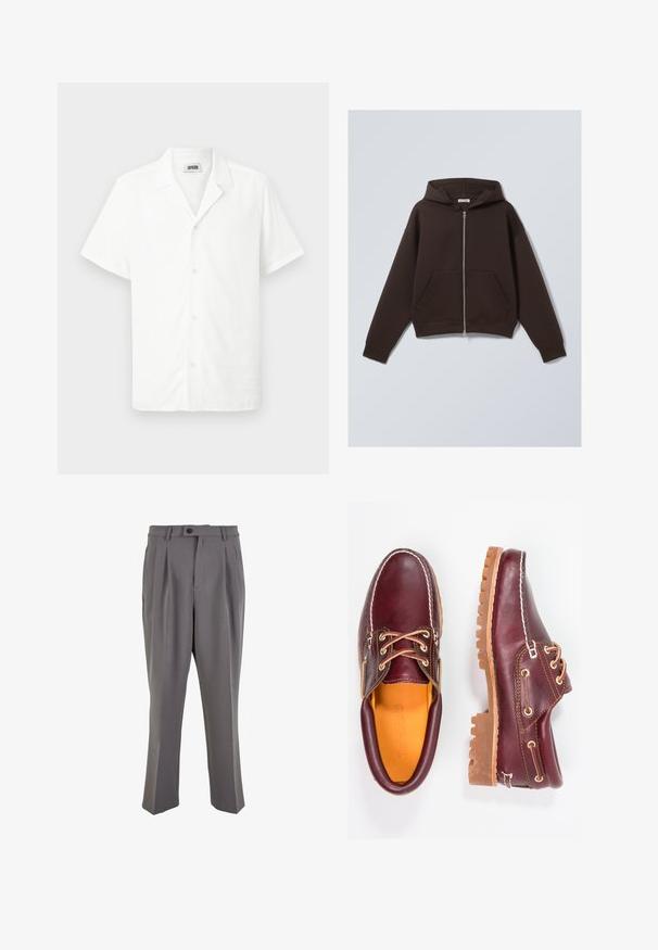 Braune Zip-Hoodie aus weichem Baumwollmischgewebe, mit geräumiger Kapuze, vorderen Taschen und gerippten Bündchen und Saum.; Kurzärmliges weißes Hemd aus leichtem Stoff, mit Kragen und fünf vorderen Knöpfen, mit einer glatten Textur. Keine Muster oder Akzente.; Graue, plissierte Hose aus glattem Stoff, mit geradem Schnitt, einem Knopfverschluss und Gürtelschlaufen. Minimalistisches Design.; Bordeauxfarbene Lederschuhe mit braunen Gummisohlen, runder Zehenform, weißen Nähten und goldenen Ösen. Das Innenfutter weist eine gelbe Beschichtung auf.