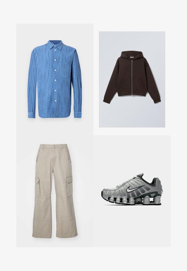 Brūns zip-up jaku izgatavots no mīksta kokvilnas maisījuma auduma, ar plašu kapuci, priekšējām kabatām un ribotām piedurknēm un apakšmalu.; Zila garām piedurknēm krekls ar pogām, ar vertikālām melnām svītrām un priekšpusē krūšu kabatu, attēlots uz balta fona.; Balta kokvilnas T-kreklu ar īsām piedurknēm, apaļu kakla izgriezumu, brīvu piegriezumu un bez redzamām logo vai rakstiem. Gluda tekstūra un minimālistisks dizains.; Kaki kravas bikses, izgatavotas no kokvilnas maisījuma, ar plašām kājām, vairākām sānu kabatām un smalkiem šuvju akcentiem.; Pelēki un melni Nike skriešanas apavi ar redzamu atsperveida amortizāciju zem zoles un balto swoosh logo sānos.