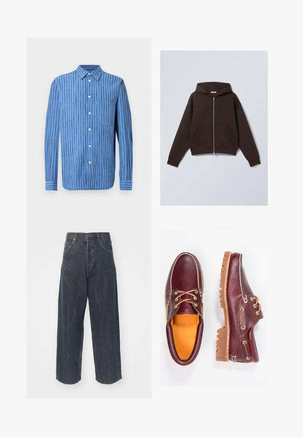 Sudadera con cremallera marrón, confeccionada en una suave mezcla de algodón, que cuenta con una capucha amplia, bolsillos frontales y puños y dobladillo acanalados.; Camisa azul de manga larga con botones, con rayas verticales negras y un bolsillo en el pecho delantero, presentada sobre un fondo blanco.; Vaqueros de mezclilla oscuros de pierna ancha con una sutil textura desgastada, cinco bolsillos y un cierre clásico de botón y cremallera en la cintura.; Zapatos de cuero burdeos con suelas de goma marrón, puntera redonda, costuras blancas y ojales dorados. El interior cuenta con un forro amarillo.