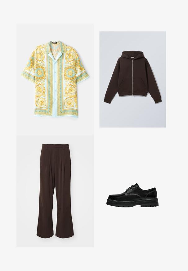 Brązowa bluza z kapturem na zamek, wykonana z miękkiej mieszanki bawełny, z pojemnym kapturem, przednimi kieszeniami oraz prążkowanymi mankietami i dołem.; Jasnoniebieska koszula z krótkim rękawem zdobiona bogatymi złotymi wzorami barokowymi, z zapięciem na guziki oraz swobodnym krojem. Gładki materiał o błyszczącej fakturze.; Brązowe spodnie szerokie nogawki z wysokim stanem, z fałdami z przodu i pętelkami na pasek, wykonane z gładkiego, lekkiego materiału.; Czarne skórzane buty na sznurówki z okrągłym noskiem, teksturowanym wykończeniem i grubą gumową podeszwą z głębokim bieżnikiem zapewniającym przyczepność.