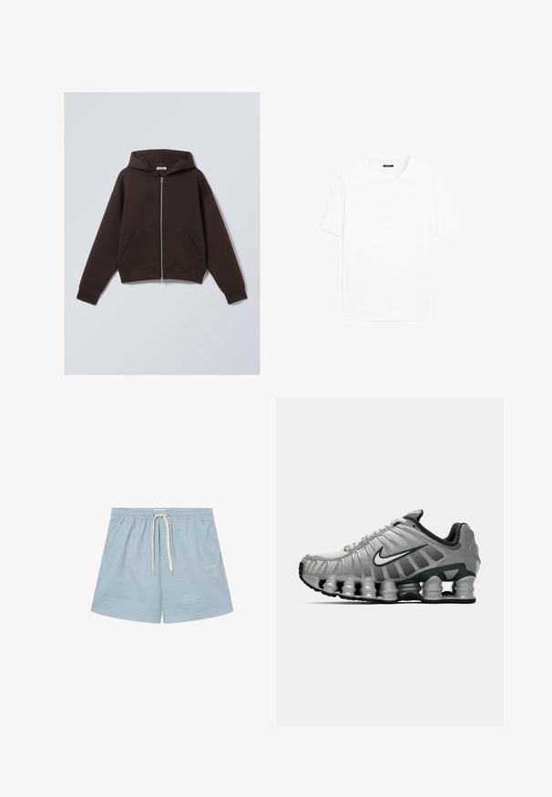 Braune Zip-Hoodie aus weichem Baumwollmischgewebe, mit geräumiger Kapuze, vorderen Taschen und gerippten Bündchen und Saum.; Weißes Baumwoll-T-Shirt mit kurzen Ärmeln, rundem Ausschnitt und geradem Schnitt. Glatte Textur ohne sichtbare Muster oder Akzente.; Gestreifte blaue Badehose mit elastischem Bund und weißem Kordelzug. Merkmale sind ein leichtes Material und ein dezentes Logo in der unteren linken Ecke.; Grauer und schwarzer Nike-Laufschuh mit sichtbarer federähnlicher Dämpfung unter der Sohle und einem weißen Swoosh-Logo an der Seite.