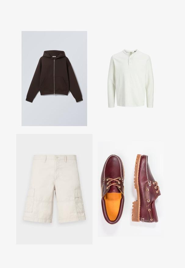 Pruun tõmbluku kapuutsiga sviiter, mis on valmistatud pehmest puuvillasegust kangast, omades avarat kapuutsi, esipokke ning soonikuvarruka- ja põhjakuminat.; Valge pika varrukaga henley särk kolme nupuga ja ümmarguse kraega, esitatud lihtsal valgel taustal.; Beige cargo lühikesed püksid, mis on valmistatud kergest puuvillast, kahe küljetasku, eesnööbiga sulgemise ja õmblusdetailidega.; Burgundia nahkkingad pruunide kummitaldadega, ümmarguse varbaga, valge tikandi ja kuldsete silmadega. Siseosa on kollase voodriga.