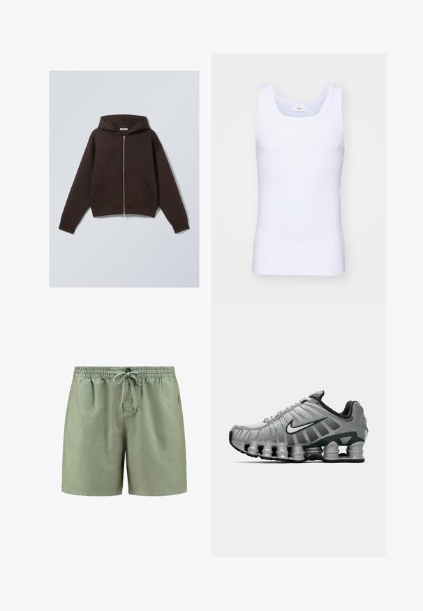 Brūns zip-up jaku izgatavots no mīksta kokvilnas maisījuma auduma, ar plašu kapuci, priekšējām kabatām un ribotām piedurknēm un apakšmalu.; Balta kokvilnas bez piedurknēm tank top krekliņš ar apaļu kakla izgriezumu, ar gludu tekstūru un pieguļošu formu, paredzēts ikdienas valkāšanai.; Gaiši zaļi šorti, izgatavoti no mīksta auduma, ar elastīgu jostasvietu, aukliņas aizdari un sānu kabatām. Vienkāršs dizains bez rakstiem.; Pelēki un melni Nike skriešanas apavi ar redzamu atsperveida amortizāciju zem zoles un balto swoosh logo sānos.