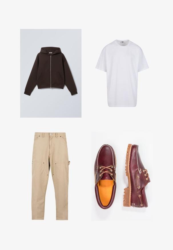 Bruine zip-up hoodie gemaakt van een zachte katoenmix, met een ruime capuchon, voorzakken en ribgebreide manchetten en zoom.; Witte katoenen t-shirt met korte mouwen, ronde hals, relaxte pasvorm en zonder zichtbare logo's of patronen. Gladde textuur en minimalistisch ontwerp.; Beige cargobroek van katoen. Kenmerkt zich door meerdere zakken, een rechte snit en knoopsluiting met metalen hardwaredetails.; Bordeaux leren schoenen met bruine rubberen zolen, ronde neus, witte stiksels en gouden veterogen. Het interieur heeft een gele voering.