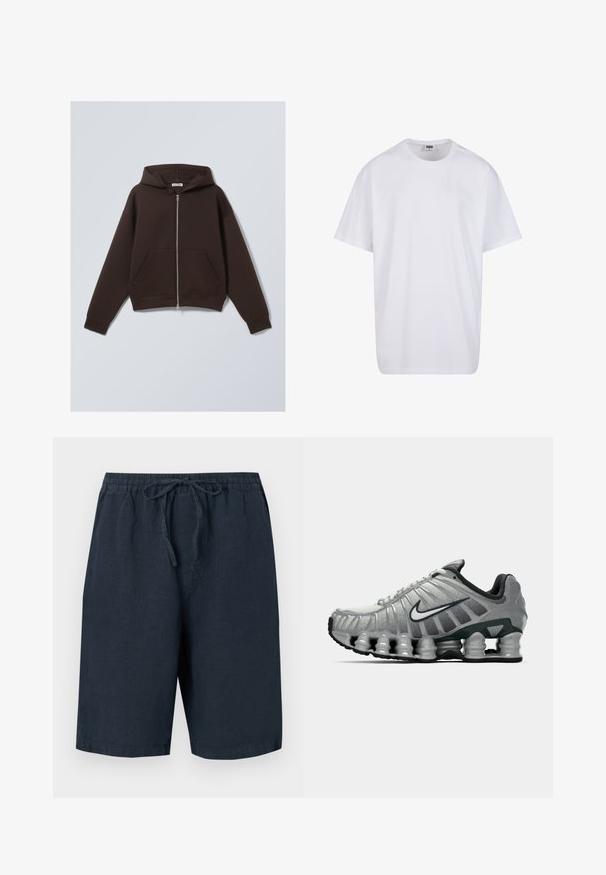 Ruskea vetoketjuhuppari, joka on valmistettu pehmeästä puuvillasekoitekankaasta. Hupparissa on tilava huppu, etutaskut sekä ribattu hiha- ja helmaosa.; Valkoinen puuvillainen t-paita, jossa on lyhyet hihat, pyöreä kaula-aukko, rento istuvuus ja ei näkyviä logoja tai kuvioita. Sileä pinta ja minimaalinen muotoilu.; Tummanlaivat väriset pellavaiset shortsit, joissa on joustava vyötärö ja säädettävä nyöri. Sisältää sivutaskut ja rento istuvuus.; Harmaa ja musta Nike-juoksukenkä, jossa on näkyvää jousimaista vaimennusta pohjan alla ja valkoinen swoosh-logo sivulla.