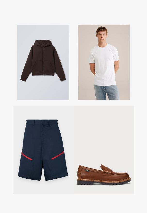 Sudadera con cremallera marrón, confeccionada en una suave mezcla de algodón, que cuenta con una capucha amplia, bolsillos frontales y puños y dobladillo acanalados.; Joven con cabello castaño claro que lleva una camiseta blanca de manga corta y jeans azul claros, frente a un fondo beige.; Bermudas de carga en color navy fabricadas con una tela que presenta dos bolsillos con cremallera y detalles en rojo, con un frente plano y costuras decorativas.; Mocasines de cuero marrón con costuras decorativas y una puntera texturizada. La suela presenta un diseño resistente, que ofrece tracción y durabilidad.