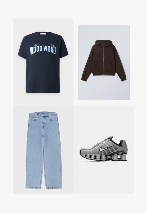 Fleece com capuz castanho de fecho éclair, feito de um suave tecido de algodão misto, com um capuz espaçoso, bolsos frontais e punhos e bainha canelados.; T-shirt de algodão azul-marinho com o texto "WOOD WOOD" em azul claro, com desenhos de borboletas em várias cores na parte da frente. Com mangas curtas e gola redonda.; Jeans de denim azul claro com design de perna reta, apresentando uma cintura de altura média, cinco bolsos e um fecho de botão e zíper.; Sapatilha de corrida Nike cinza e preta com um sistema de amortecimento semelhante a molas visível sob a sola e um logo swoosh branco na lateral.