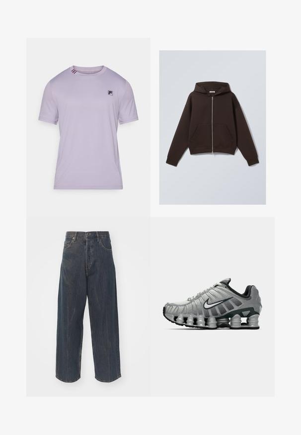 Bruine zip-up hoodie gemaakt van een zachte katoenmix, met een ruime capuchon, voorzakken en ribgebreide manchetten en zoom.; Lichtpaarse sportt-shirt van glad materiaal. Voorzien van een zwart logo op de borst en contrasterende strepen op de kraag. Korte mouwen.; Brede donkerblauwe denim jeans met subtiele verwering, vijf zakken en een klassieke knoop- en ritssluiting in de taille.; Grijze en zwarte Nike hardloopschoen met zichtbare veerachtige demping onder de zool en een wit swoosh-logo aan de zijkant.