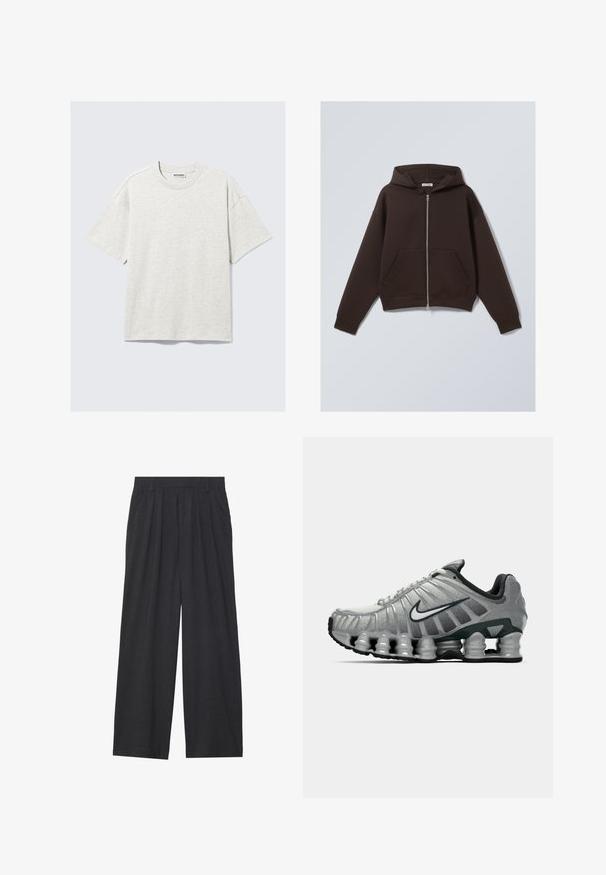 Braune Zip-Hoodie aus weichem Baumwollmischgewebe, mit geräumiger Kapuze, vorderen Taschen und gerippten Bündchen und Saum.; Helles graues T-Shirt mit kurzen Ärmeln aus Jersey-Stoff. Es hat einen Rundhalsausschnitt, eine lockere Passform und eine dezente Textur. Das Etikett trägt die Aufschrift "WEEKDAY".; Blaues Langarmhemd mit Knopfleiste, vertikalen schwarzen Streifen und einer Brusttasche, auf weißem Hintergrund dargestellt.; Weit geschnittene Hosen aus dunkelgrauem Stoff. Merkmale sind Falten an der Taille, ein maßgeschneiderter Schnitt und eine gerade Silhouette.; Grauer und schwarzer Nike-Laufschuh mit sichtbarer federähnlicher Dämpfung unter der Sohle und einem weißen Swoosh-Logo an der Seite.