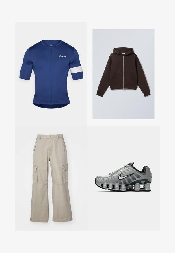 Brown zip-up hoodie made of soft cotton blend fabric, featuring a spacious hood, front pockets, and ribbed cuffs and hem.; Navy cycling jersey with short sleeves, full zipper, and white stripe detail on the left sleeve. Made of smooth, stretchy fabric.; Khaki cargo pants made of cotton blend, featuring wide legs, multiple side pockets, and subtle stitching details.; Grey and black Nike running shoe with visible spring-like cushioning under the sole and a white swoosh logo on the side.