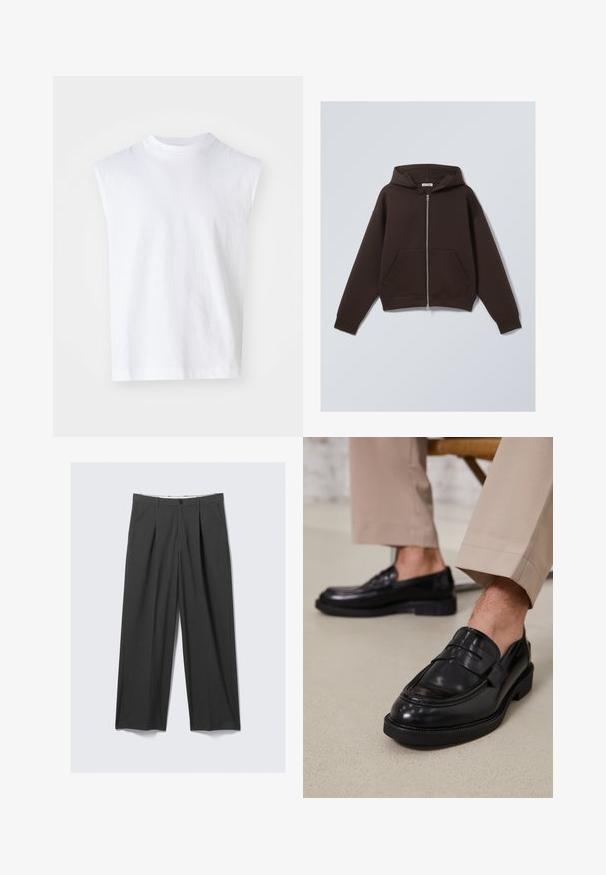 Barna zipzáras kapucnis pulóver, puha pamut keverékből készült, tágas kapucnival, elülső zsebekkel, valamint bordázott mandzsettákkal és aljjal.; Fehér ujjatlan top, pamutból készült, kerek nyakkivágással, laza fazonnal és sima textúrával. Egyszerű dizájn, minták vagy díszítések nélkül.; Szürke, széles lábú nadrág, plissékkel. Simaságot biztosító anyagból készült, elöl gombos záródással és övhurkokkal rendelkezik. Lapított elülső dizájn.; Fekete bőr loaferek sima felülettel, díszítő pánttal és kontrasztos varrással, bézs nadrággal párosítva.