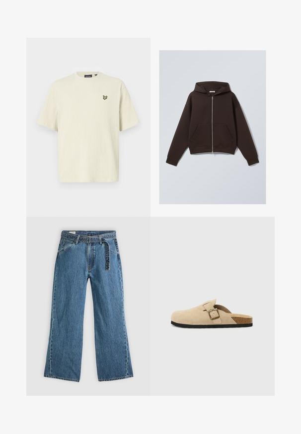 Hnědá zipová mikina vyrobená z měkké bavlněné směsi, s prostornou kapucí, předními kapsami a žebrovanými manžetami a spodním lemem.; Tričko s krátkým rukávem, světle béžové barvy, s texturovaným povrchem a malým černým a žlutým logem motýla na hrudi.; Modré denimové široké džíny s připojeným opaskem, předními kapsami a viditelným šitím na světlém jednobarevném pozadí.; Béžové semišové klouzavé dřeváky s korkovou stélkou, zaoblenou špičkou a jednoduchým páskem s kovovou sponou v zlatém tónu. Gumová podrážka pro lepší přilnavost.